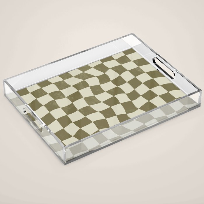 Warped Checkerboard - Olive Green Acrylic Tray Gallery Image 1