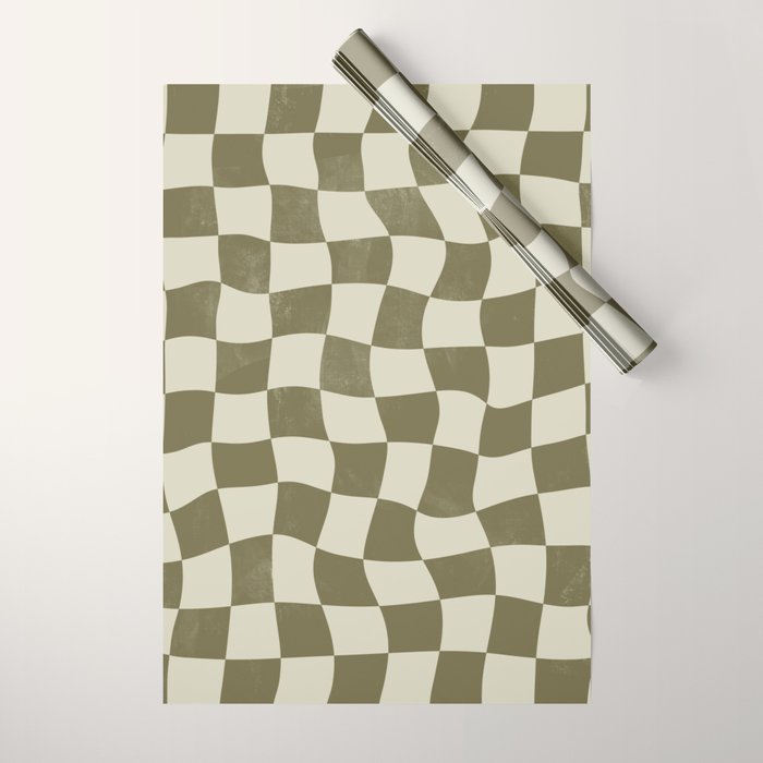 Warped Checkerboard - Olive Green Wrapping Paper Gallery Image 1
