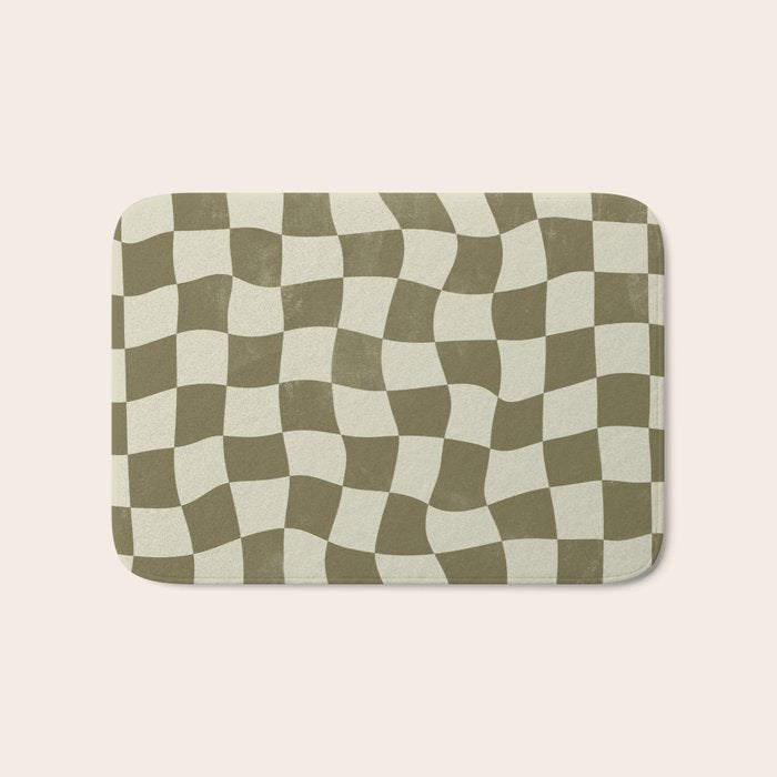 Warped Checkerboard - Olive Green Bath Mat Gallery Image 1