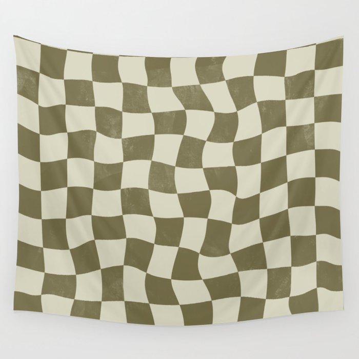 Warped Checkerboard - Olive Green Wall Tapestry Gallery Image 1