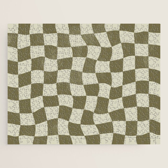 Warped Checkerboard - Olive Green Jigsaw Puzzle Gallery Image 1