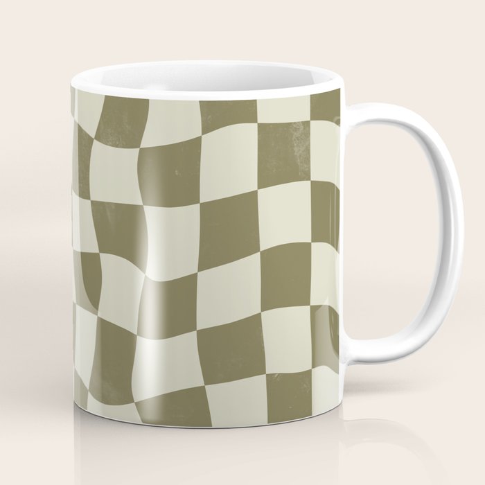 Warped Checkerboard - Olive Green Coffee Mug Gallery Image 1