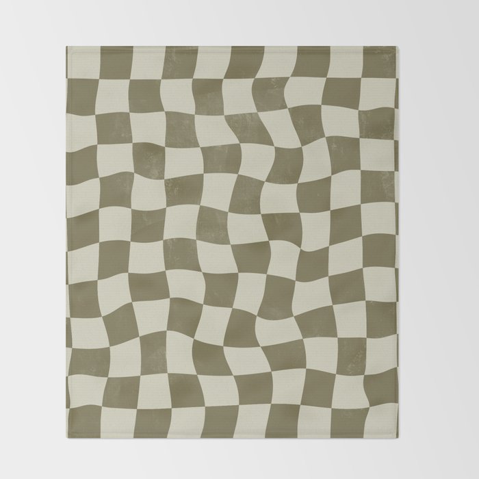 Warped Checkerboard - Olive Green Throw Blanket Gallery Image 2
