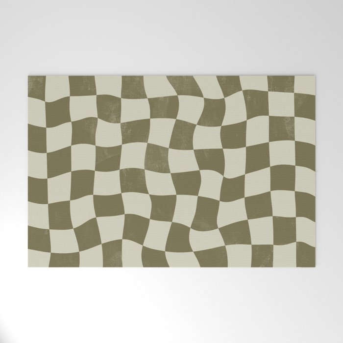 Warped Checkerboard - Olive Green Welcome Mat Gallery Image 1