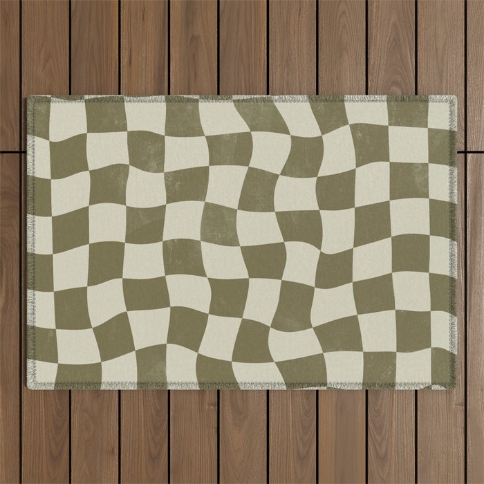 Warped Checkerboard - Olive Green Outdoor Rug Gallery Image 1