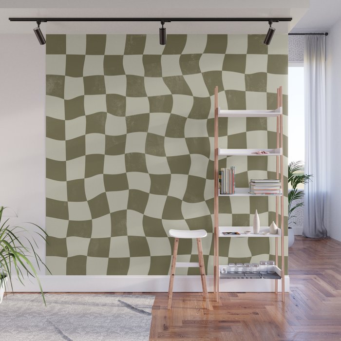 Warped Checkerboard - Olive Green Wall Mural Gallery Image 1