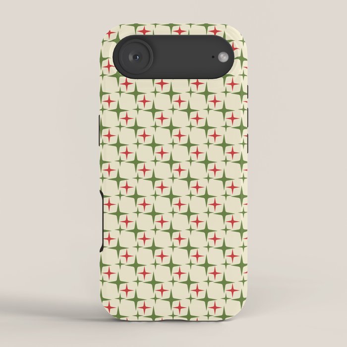 Atomic Christmas Mid Century Modern Stars Retro Xmas Red Green and Cream Small Pattern iPhone Case Gallery Image 2