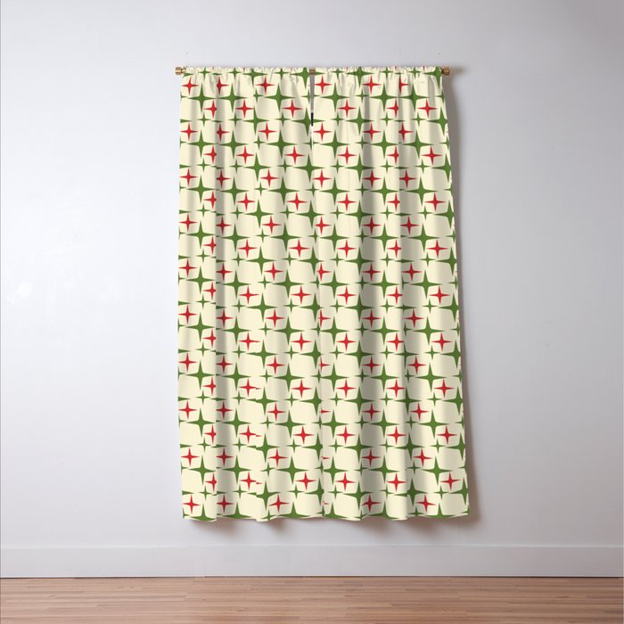 Atomic Christmas Mid Century Modern Stars Retro Xmas Red Green and Cream Small Pattern Window Curtain Gallery Image 3