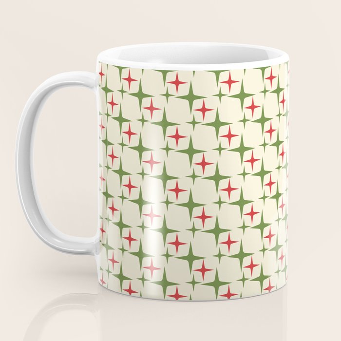 Atomic Christmas Mid Century Modern Stars Retro Xmas Red Green and Cream Small Pattern Coffee Mug Gallery Image 3