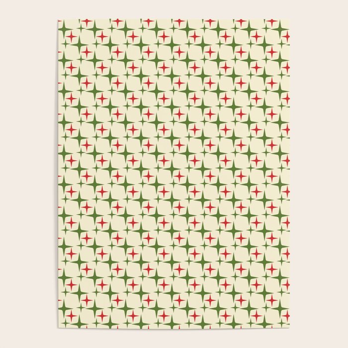 Atomic Christmas Mid Century Modern Stars Retro Xmas Red Green and Cream Small Pattern Poster Gallery Image 4