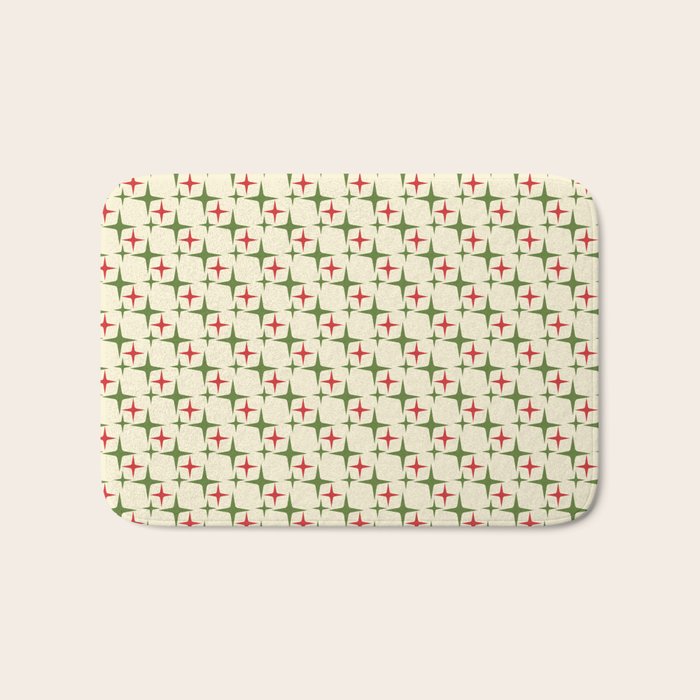 Atomic Christmas Mid Century Modern Stars Retro Xmas Red Green and Cream Small Pattern Bath Mat Gallery Image 1