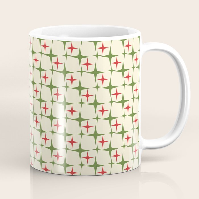 Atomic Christmas Mid Century Modern Stars Retro Xmas Red Green and Cream Small Pattern Coffee Mug Gallery Image 1