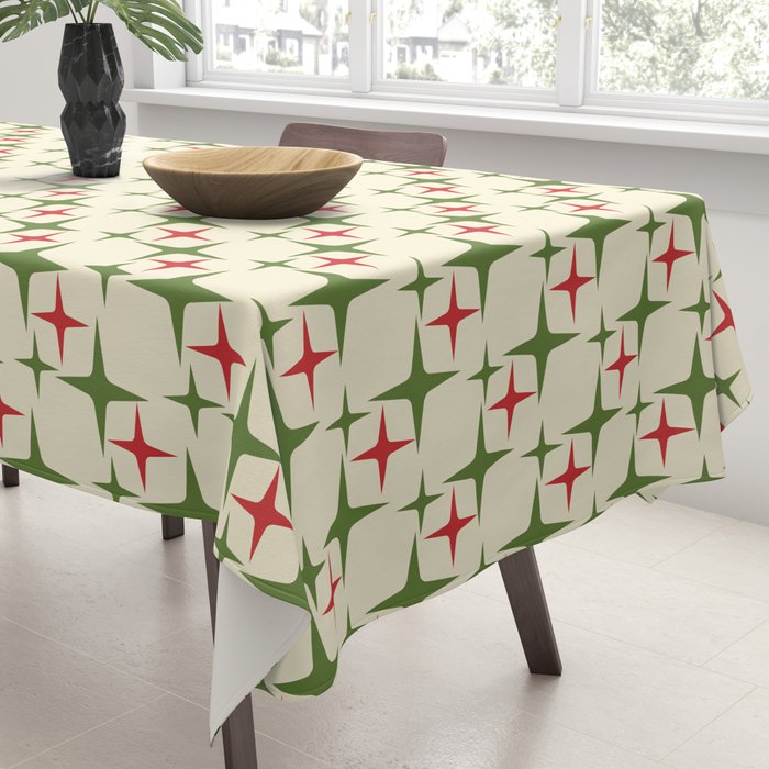 Atomic Christmas Mid Century Modern Stars Retro Xmas Red Green and Cream Small Pattern Tablecloth Gallery Image 3