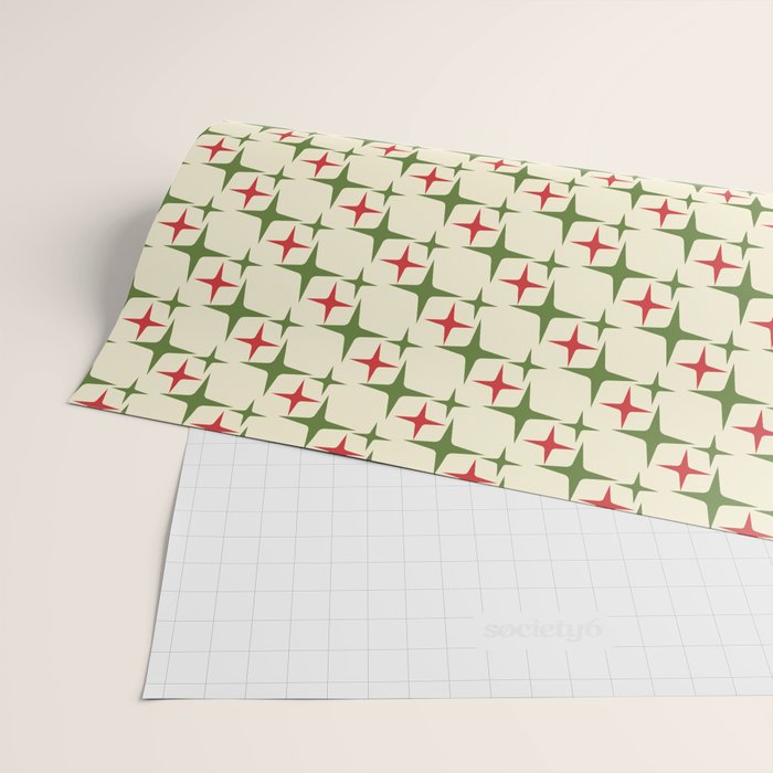Atomic Christmas Mid Century Modern Stars Retro Xmas Red Green and Cream Small Pattern Wrapping Paper Gallery Image 2