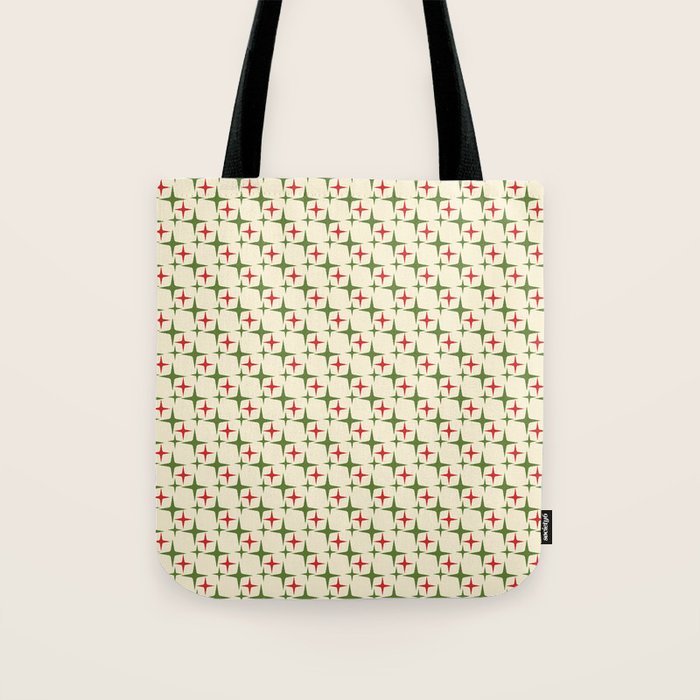 Atomic Christmas Mid Century Modern Stars Retro Xmas Red Green and Cream Small Pattern Tote Bag Gallery Image 1