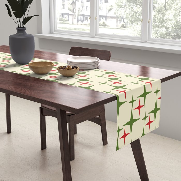 Atomic Christmas Mid Century Modern Stars Retro Xmas Red Green and Cream Small Pattern Table Runner Gallery Image 2