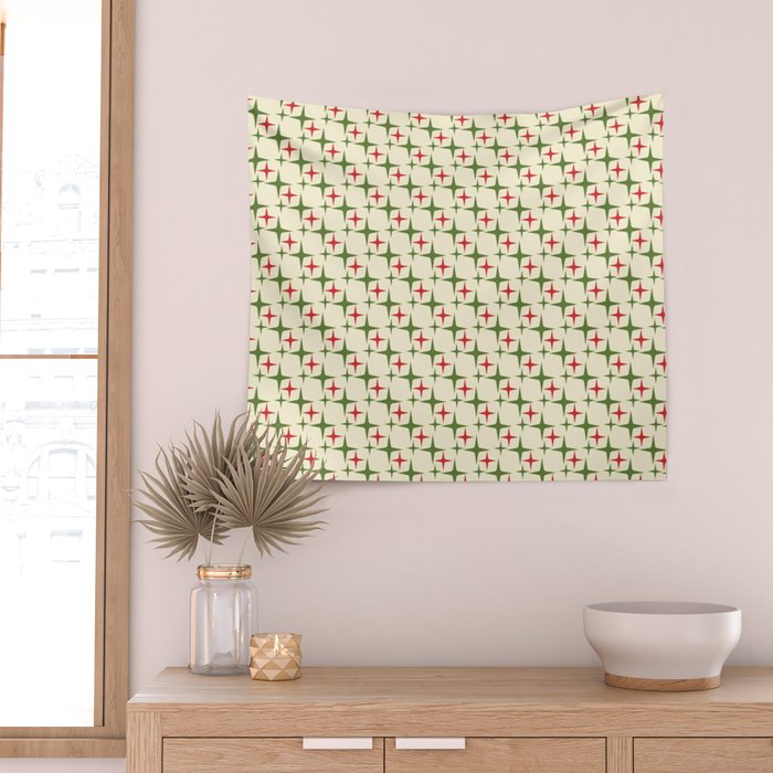 Atomic Christmas Mid Century Modern Stars Retro Xmas Red Green and Cream Small Pattern Wall Tapestry Gallery Image 2