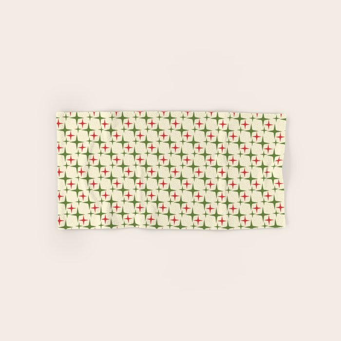 Atomic Christmas Mid Century Modern Stars Retro Xmas Red Green and Cream Small Pattern Bath Towel Gallery Image 1