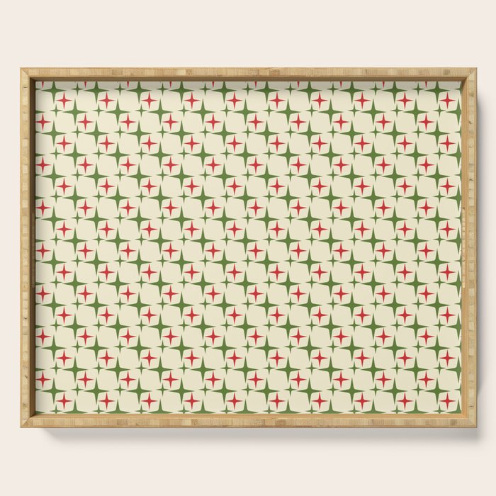 Atomic Christmas Mid Century Modern Stars Retro Xmas Red Green and Cream Small Pattern Serving Tray Gallery Image 1
