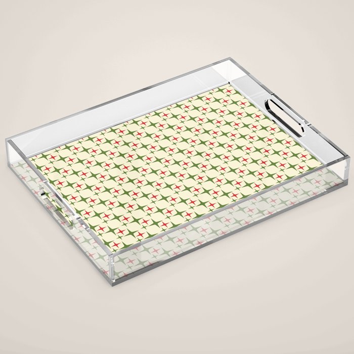 Atomic Christmas Mid Century Modern Stars Retro Xmas Red Green and Cream Small Pattern Acrylic Tray Gallery Image 1