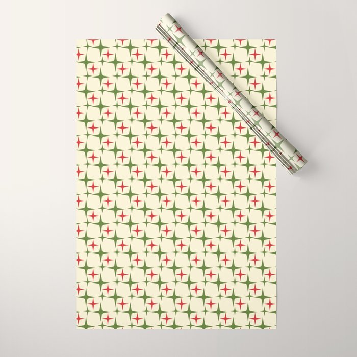 Atomic Christmas Mid Century Modern Stars Retro Xmas Red Green and Cream Small Pattern Wrapping Paper Gallery Image 1