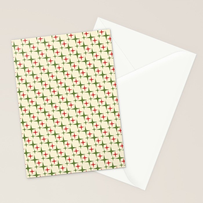 Atomic Christmas Mid Century Modern Stars Retro Xmas Red Green and Cream Small Pattern Stationery Card Gallery Image 2