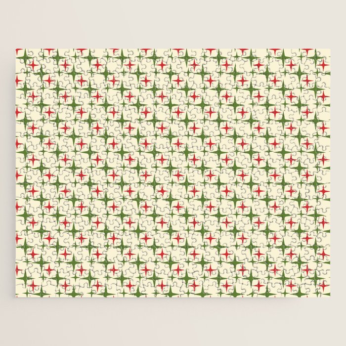 Atomic Christmas Mid Century Modern Stars Retro Xmas Red Green and Cream Small Pattern Jigsaw Puzzle Gallery Image 1