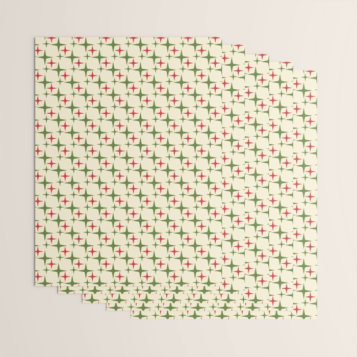 Atomic Christmas Mid Century Modern Stars Retro Xmas Red Green and Cream Small Pattern Wrapping Paper Gallery Image 3