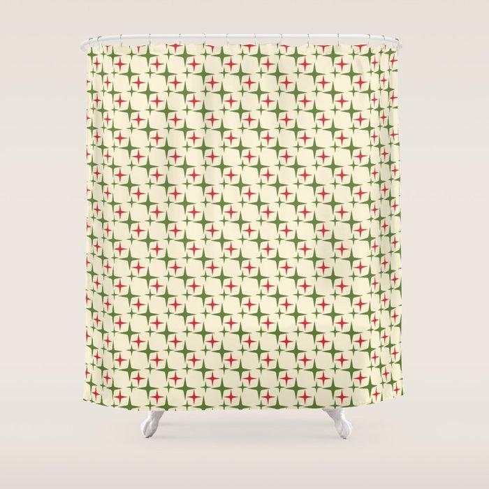 Atomic Christmas Mid Century Modern Stars Retro Xmas Red Green and Cream Small Pattern Shower Curtain Gallery Image 1