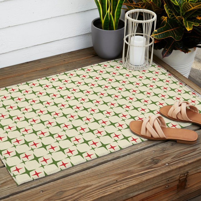 Atomic Christmas Mid Century Modern Stars Retro Xmas Red Green and Cream Small Pattern Outdoor Rug Gallery Image 2