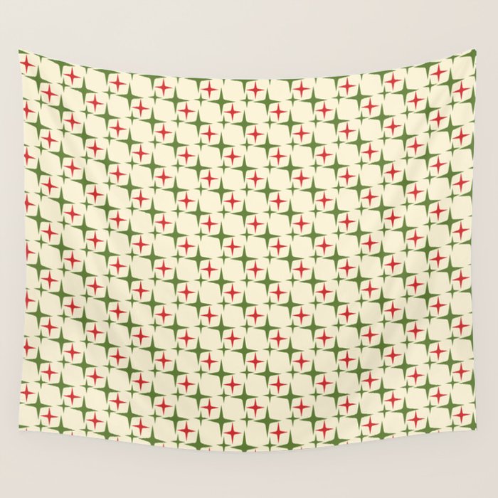 Atomic Christmas Mid Century Modern Stars Retro Xmas Red Green and Cream Small Pattern Wall Tapestry Gallery Image 1