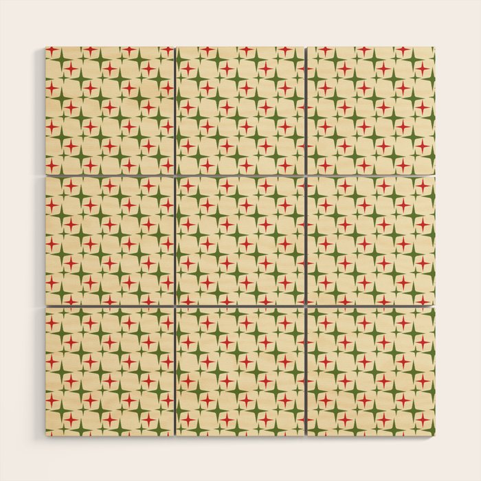 Atomic Christmas Mid Century Modern Stars Retro Xmas Red Green and Cream Small Pattern Wood Wall Art Gallery Image 1