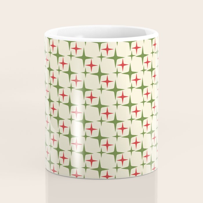 Atomic Christmas Mid Century Modern Stars Retro Xmas Red Green and Cream Small Pattern Coffee Mug Gallery Image 4
