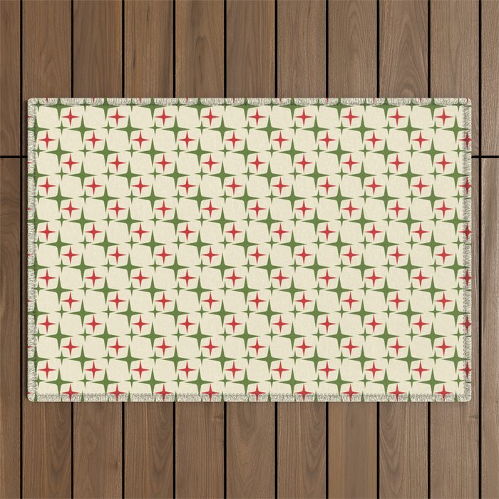 Atomic Christmas Mid Century Modern Stars Retro Xmas Red Green and Cream Small Pattern Outdoor Rug Gallery Image 1