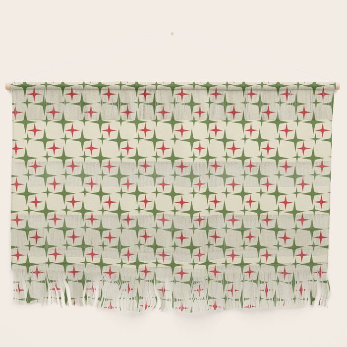 Atomic Christmas Mid Century Modern Stars Retro Xmas Red Green and Cream Small Pattern Wall Hanging Gallery Image 1