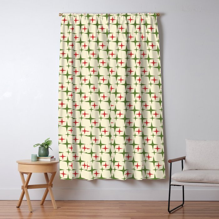 Atomic Christmas Mid Century Modern Stars Retro Xmas Red Green and Cream Small Pattern Window Curtain Gallery Image 1