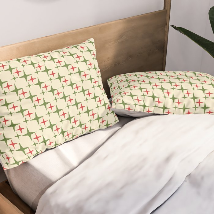 Atomic Christmas Mid Century Modern Stars Retro Xmas Red Green and Cream Small Pattern Pillow Sham Gallery Image 2