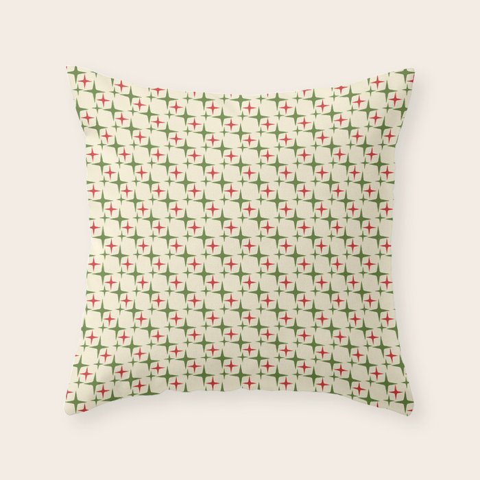 Atomic Christmas Mid Century Modern Stars Retro Xmas Red Green and Cream Small Pattern Throw Pillow Gallery Image 1