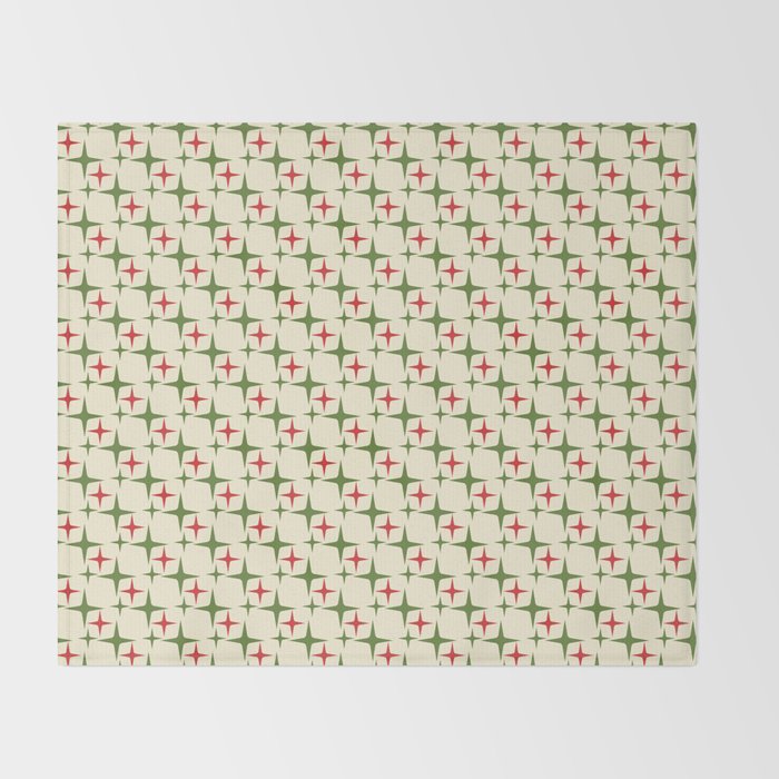 Atomic Christmas Mid Century Modern Stars Retro Xmas Red Green and Cream Small Pattern Throw Blanket Gallery Image 2