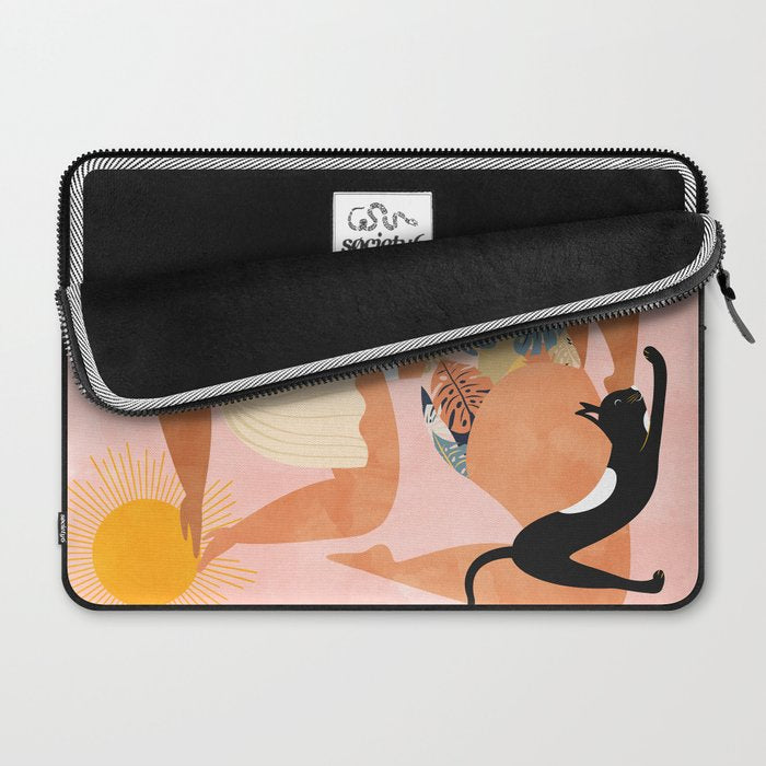 Tropical Yoga, Bohemian Woman Cat Pet Monstera Watercolor Painting, Blonde Quirky Illustration Laptop Sleeve Gallery Image 2