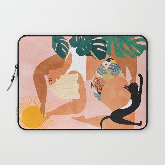 Tropical Yoga, Bohemian Woman Cat Pet Monstera Watercolor Painting, Blonde Quirky Illustration Laptop Sleeve Gallery Image 1