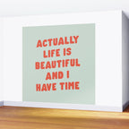Actually Life is Beautiful and I Have Time typography print in pastel green and red Wall Mural Gallery Image 2