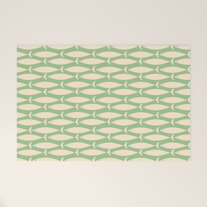 Coastal Fish Mid Century Modern Minimalist Pattern in Light Pastel Green Cream Blue Welcome Mat Gallery Image 1