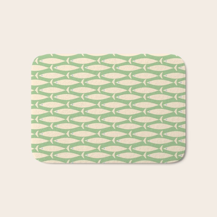 Coastal Fish Mid Century Modern Minimalist Pattern in Light Pastel Green Cream Blue Bath Mat Gallery Image 1