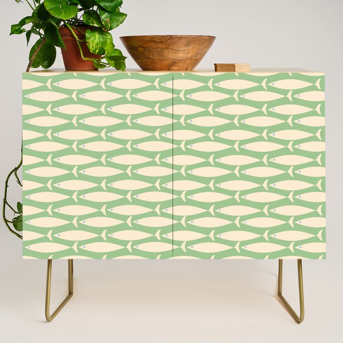 Coastal Fish Mid Century Modern Minimalist Pattern in Light Pastel Green Cream Blue Credenza Gallery Image 1