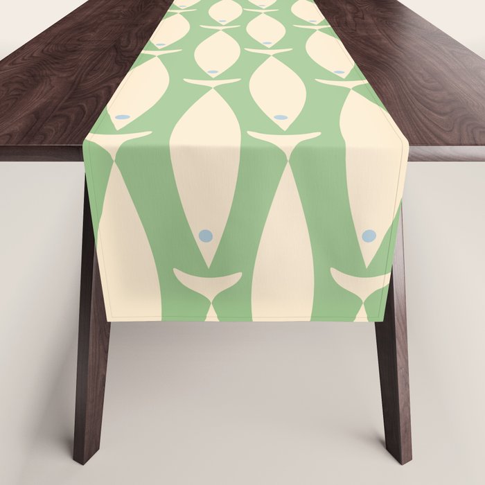 Coastal Fish Mid Century Modern Minimalist Pattern in Light Pastel Green Cream Blue Table Runner Gallery Image 1