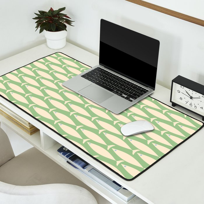 Coastal Fish Mid Century Modern Minimalist Pattern in Light Pastel Green Cream Blue Desk Mat Gallery Image 2