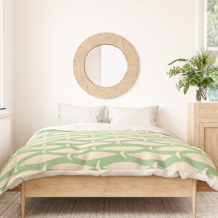 Coastal Fish Mid Century Modern Minimalist Pattern in Light Pastel Green Cream Blue Duvet Cover Gallery Image 3