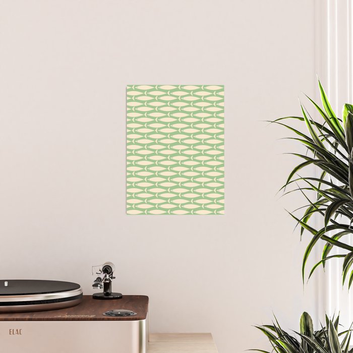 Coastal Fish Mid Century Modern Minimalist Pattern in Light Pastel Green Cream Blue Poster Gallery Image 2