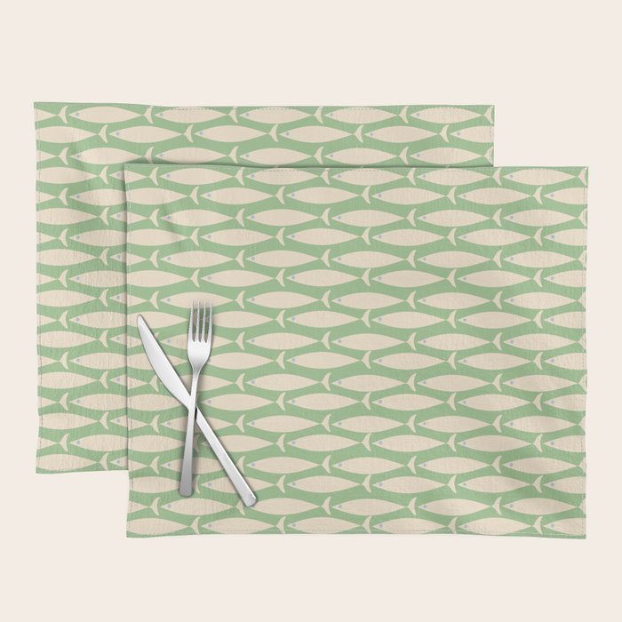 Coastal Fish Mid Century Modern Minimalist Pattern in Light Pastel Green Cream Blue Placemat Gallery Image 1